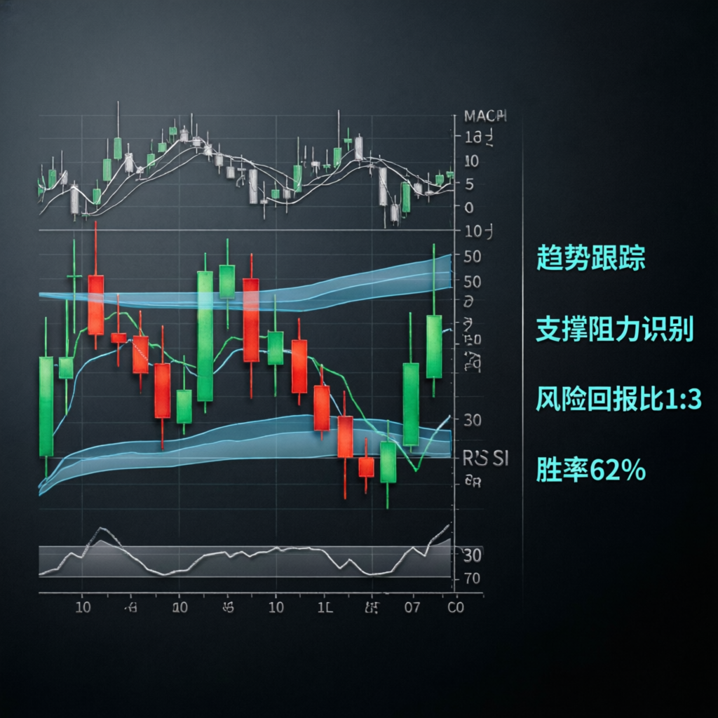 Trading strategy visualization with candlestick charts and technical indicators