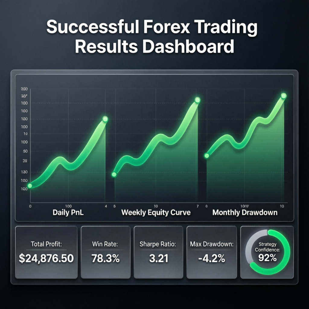 Successful forex trading results dashboard showing profit growth