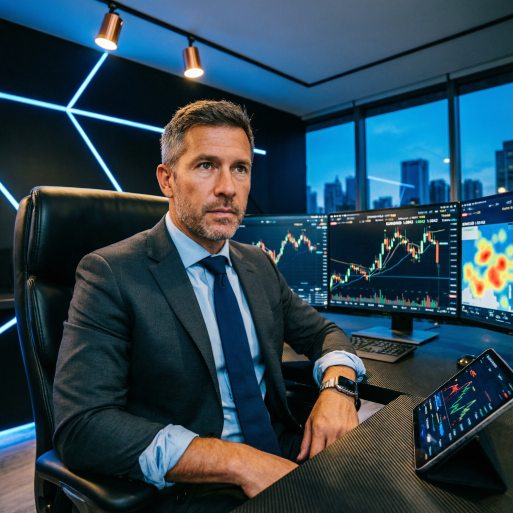 Professional forex trader at multi-monitor trading station representing Vanta Trading Passing Service expertise