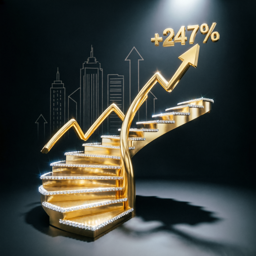 Financial growth staircase with rising profit chart representing scaling funded trading career