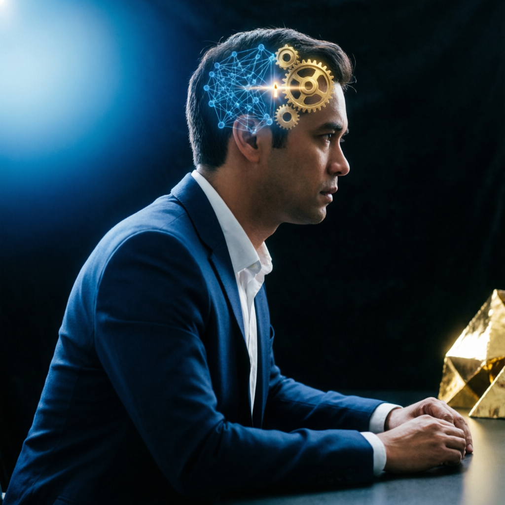 Trading psychology and discipline concept with focused trader representing mental aspects of prop firm challenges