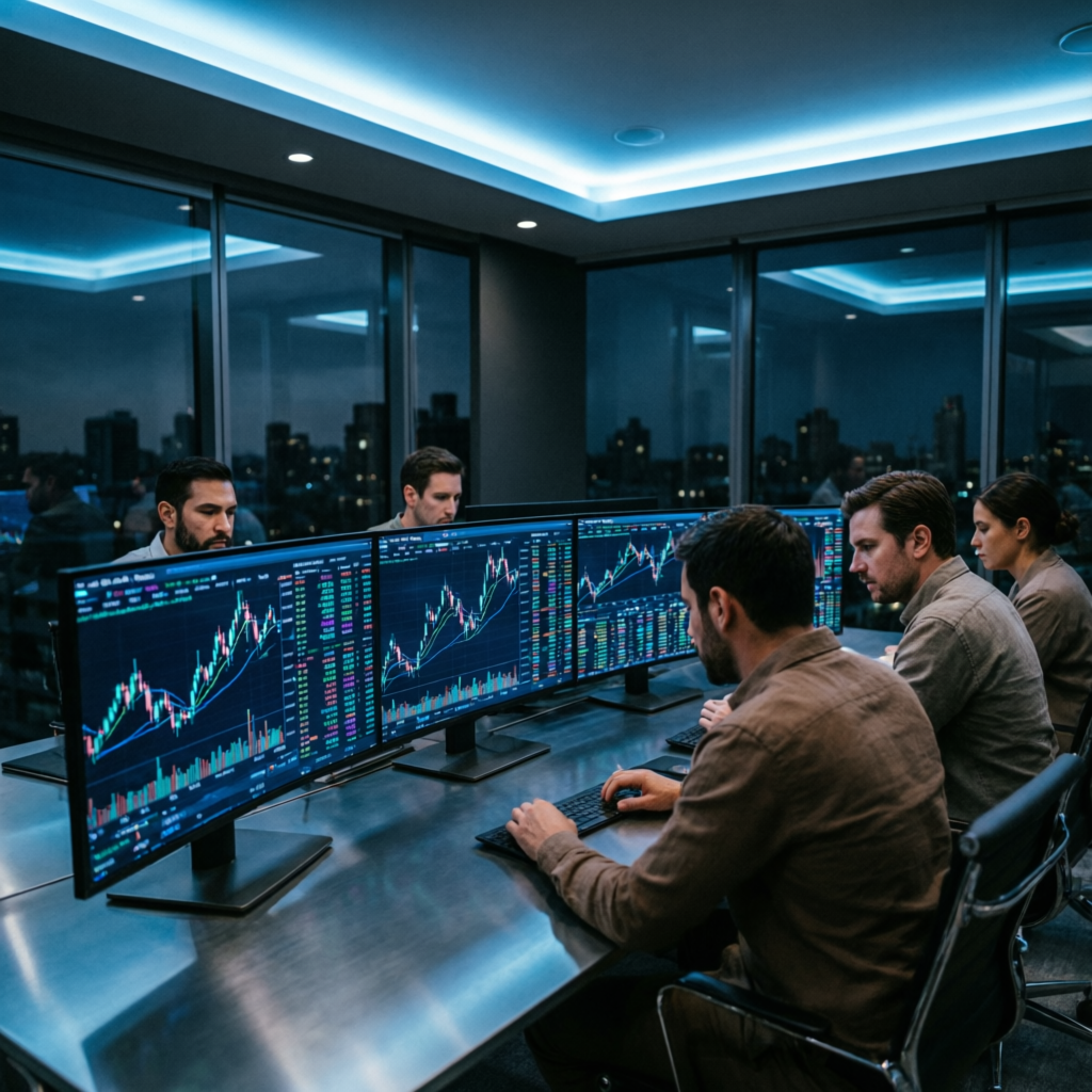 Professional trading team analyzing markets on multiple screens in modern trading office