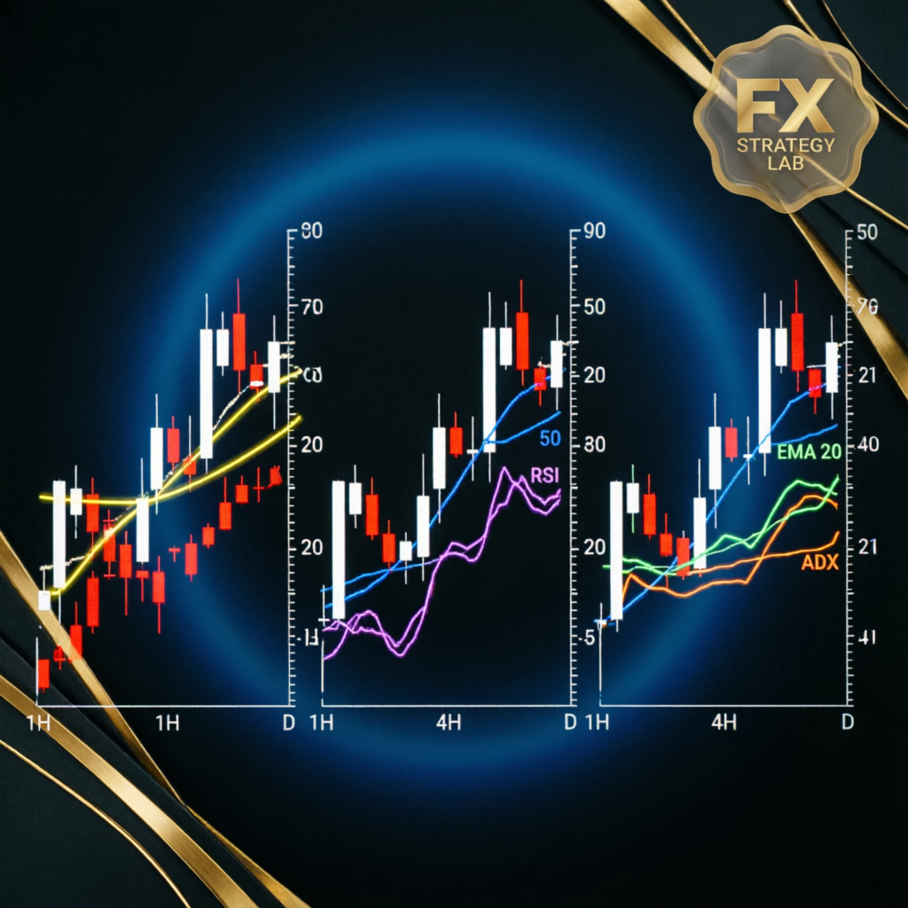 Professional forex trading strategy analysis with multiple technical indicators and candlestick charts