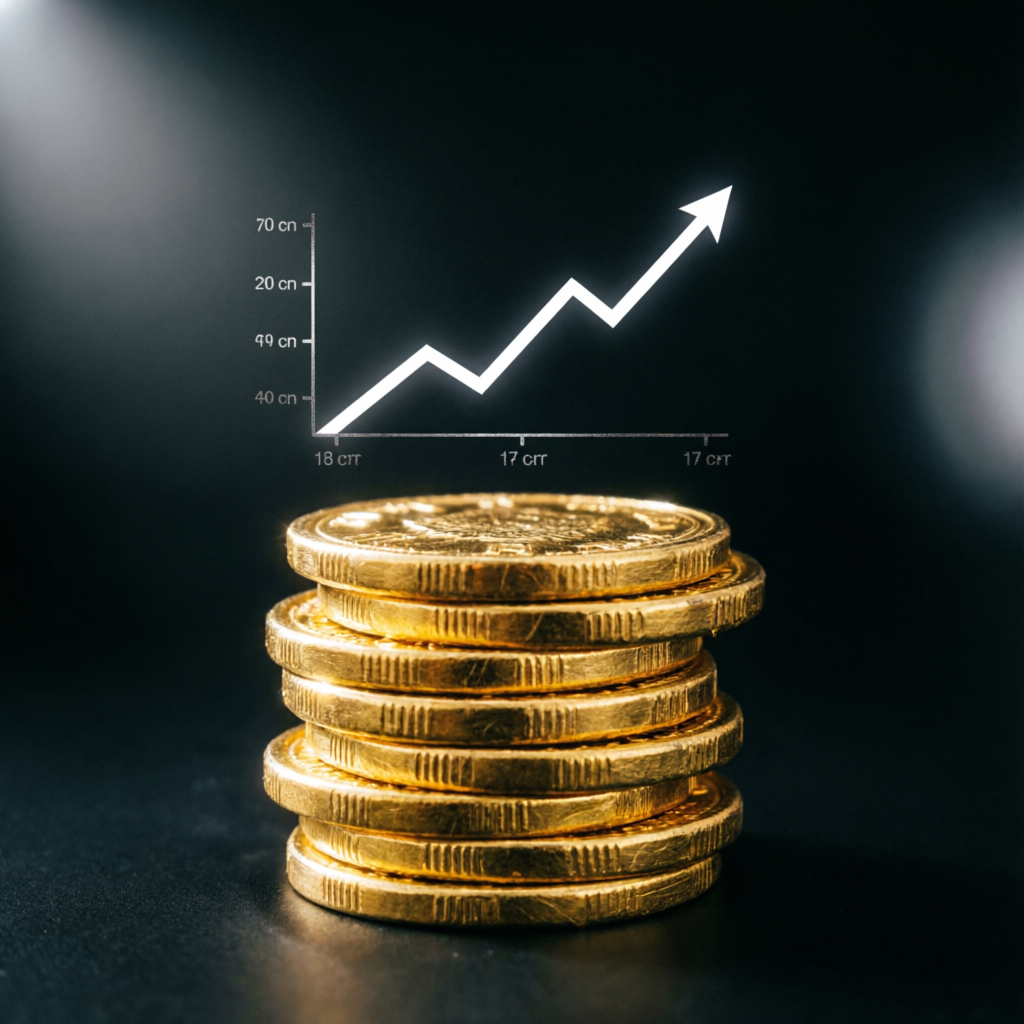 Profit growth concept with rising chart and gold coins representing successful funded account payouts