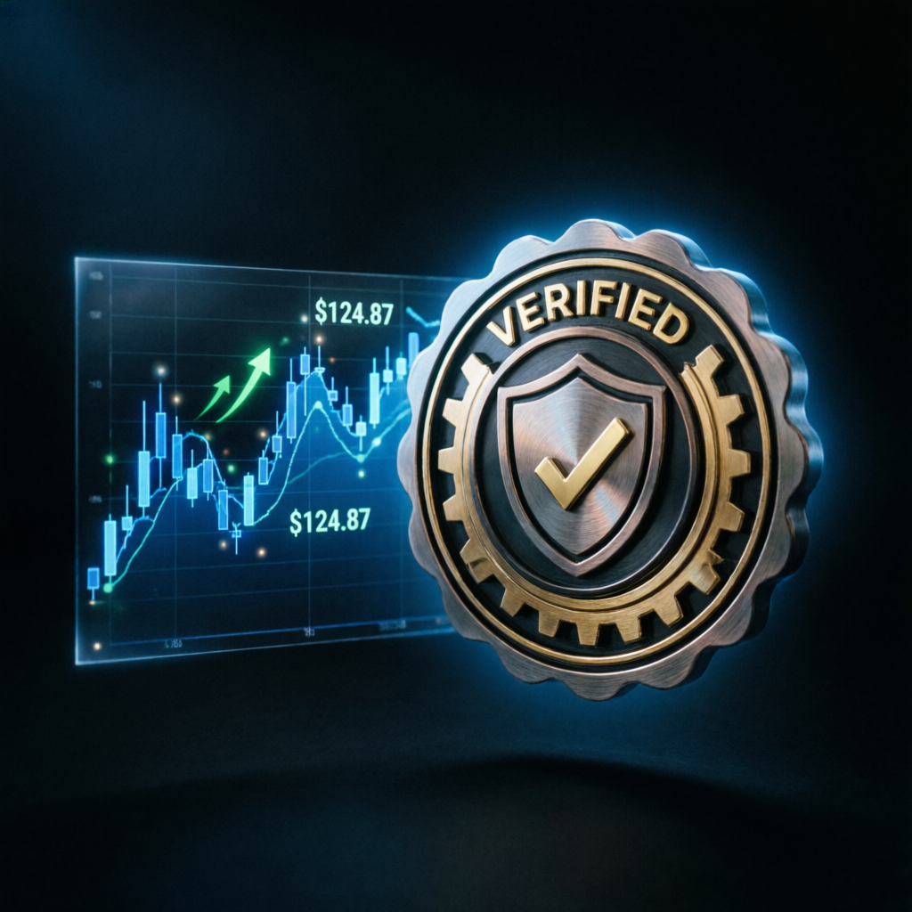 Verified badge with trading chart representing authenticated and verified trading performance