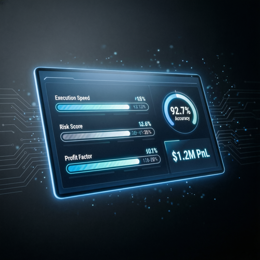 Advanced trading metrics dashboard showing execution speed, risk score, and profit factor