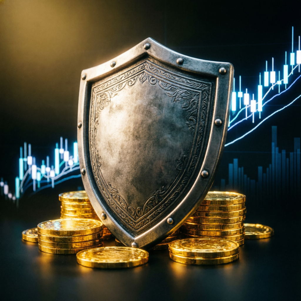 Risk management concept with protective shield and gold coins representing secure funded account trading