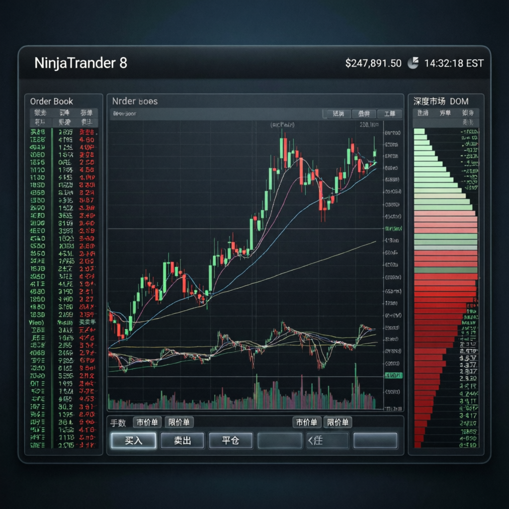 NinjaTrader 8 platform interface showing futures trading charts and order book for Apex Trader Funding