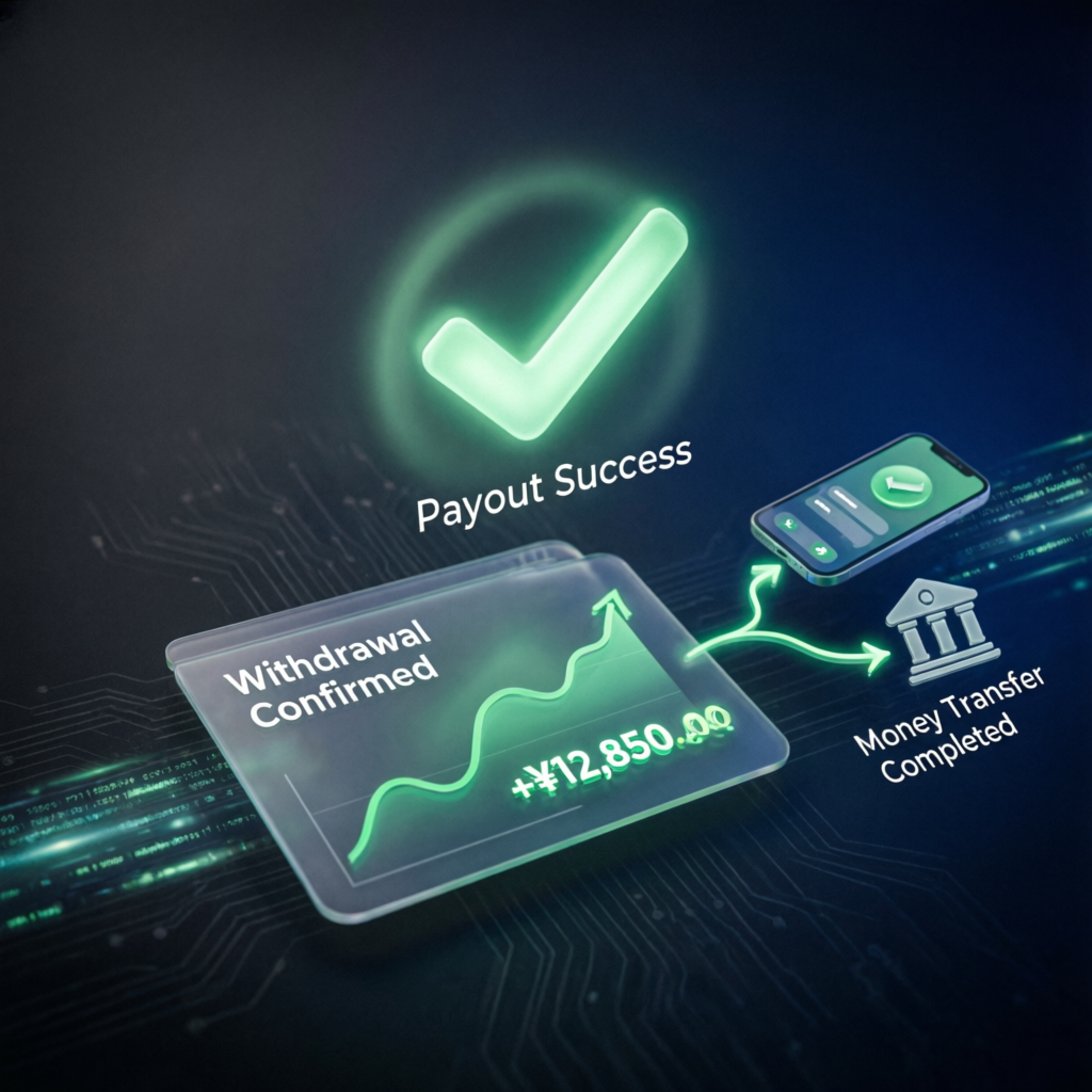 Payout success confirmation showing withdrawal completed and money transfer to bank account
