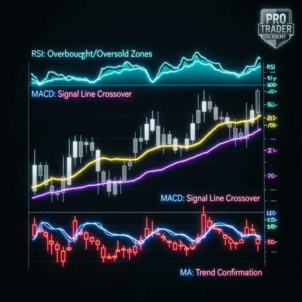 Trading strategy blueprint showing RSI, MACD, and moving average indicators for Apex Trader Funding