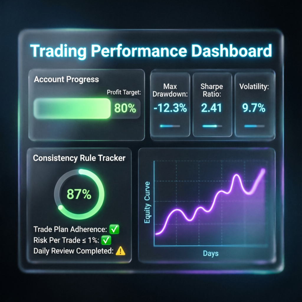 Apex Trader Funding evaluation dashboard showing profit target progress and consistency rule tracker