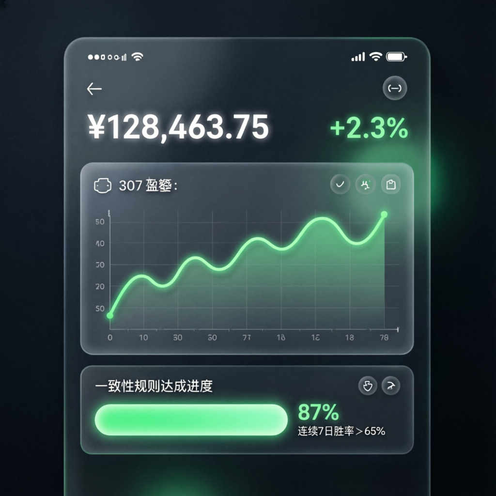Mobile trading app showing consistency rule progress tracker at 87% completion