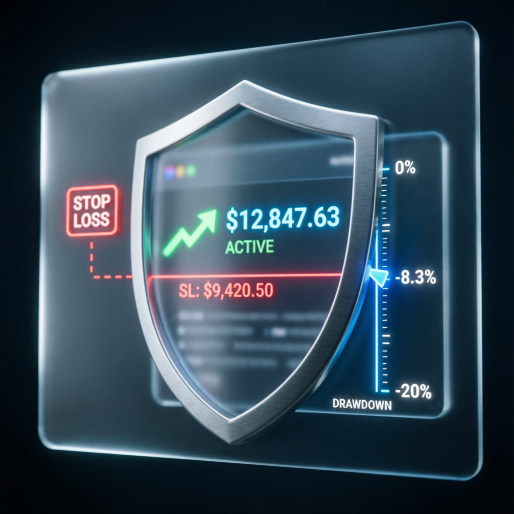 Risk management shield protecting trading account with stop loss and drawdown meter visualization