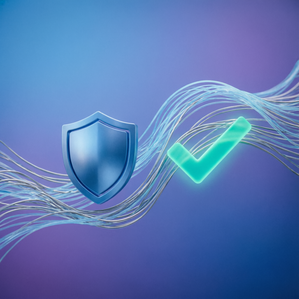 Trading platform security and evaluation approval concept with shield and checkmark