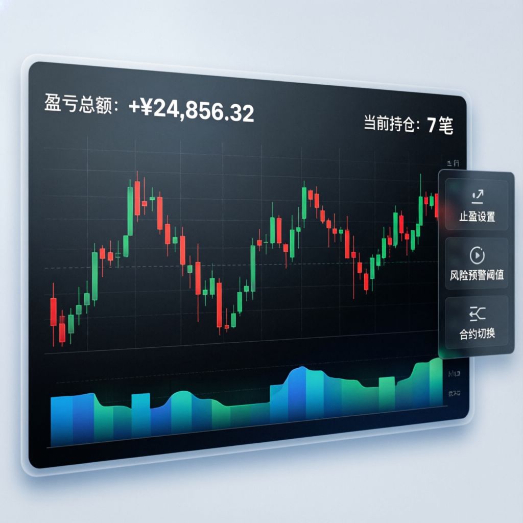 Futures trading dashboard showing funded account performance metrics and chart analysis