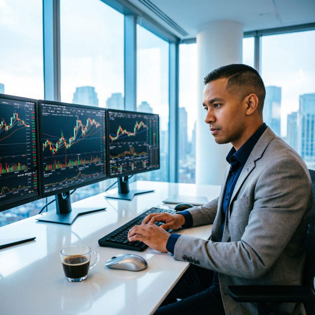Professional trader analyzing futures charts on multiple monitors in a modern office