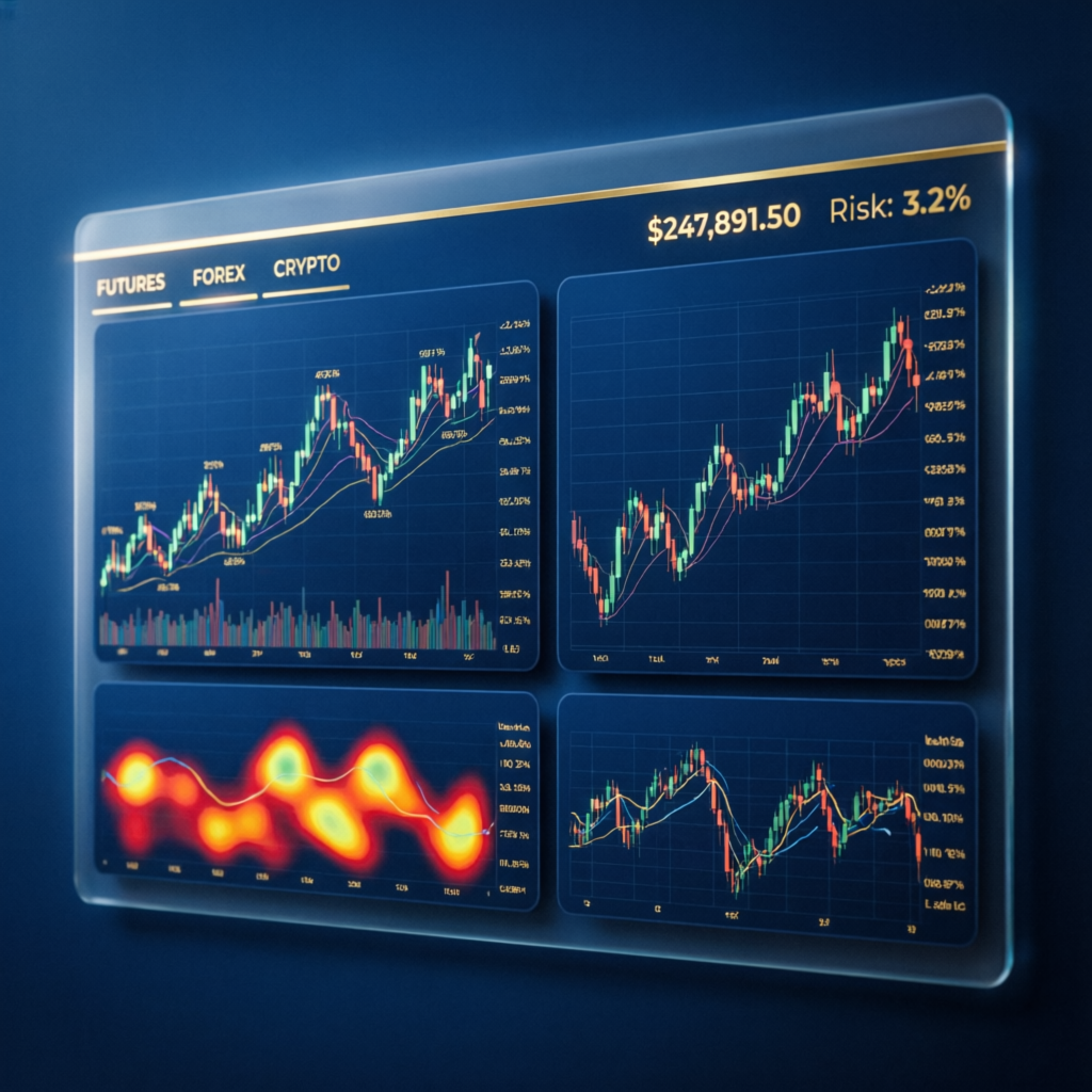 Modern fintech trading dashboard showing futures forex and crypto charts with profit tracking - Prop Firm Services