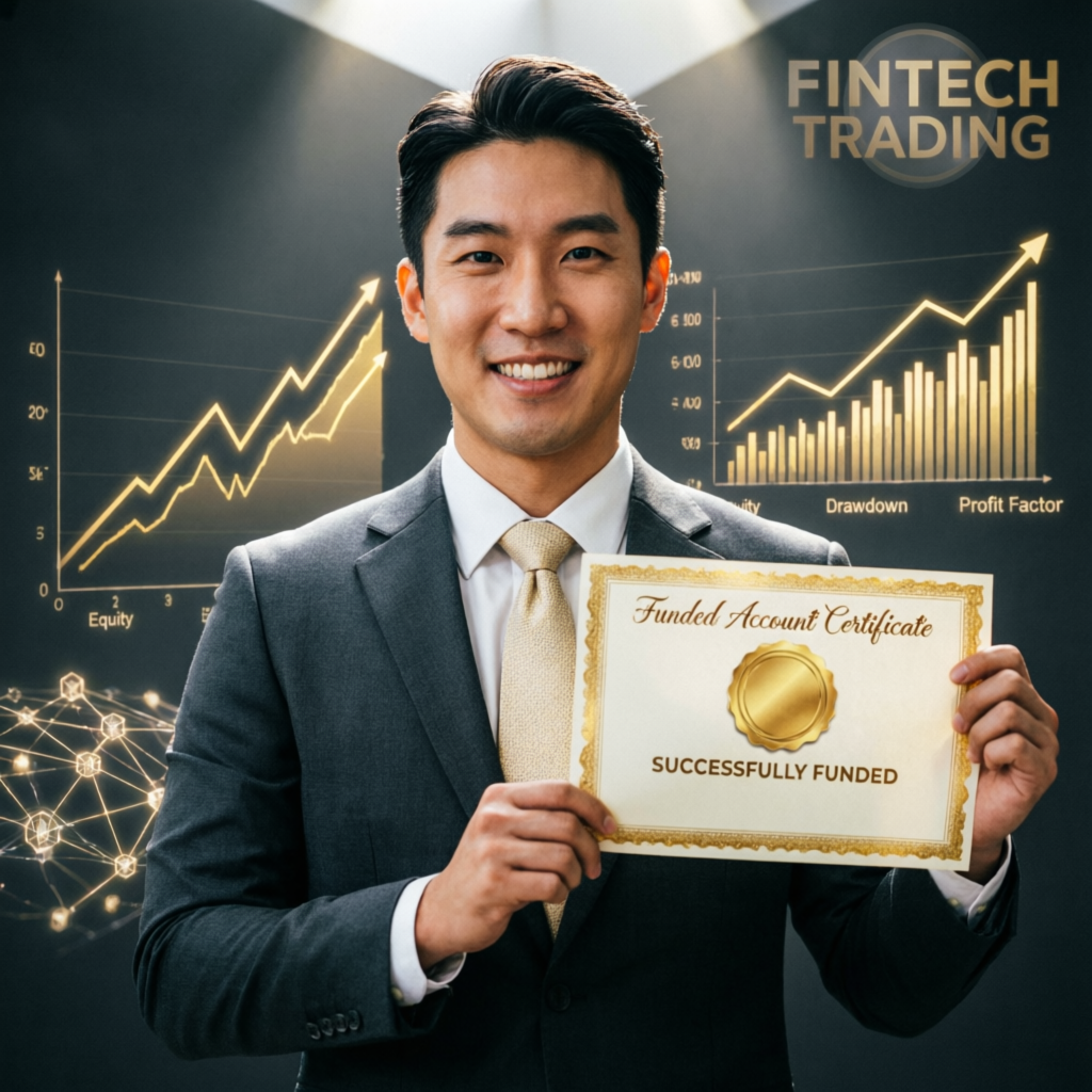 Successful funded trader holding funded account certificate with upward trending charts