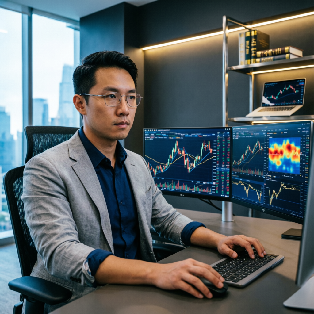 Professional trader working at multiple monitor setup with trading charts in modern office