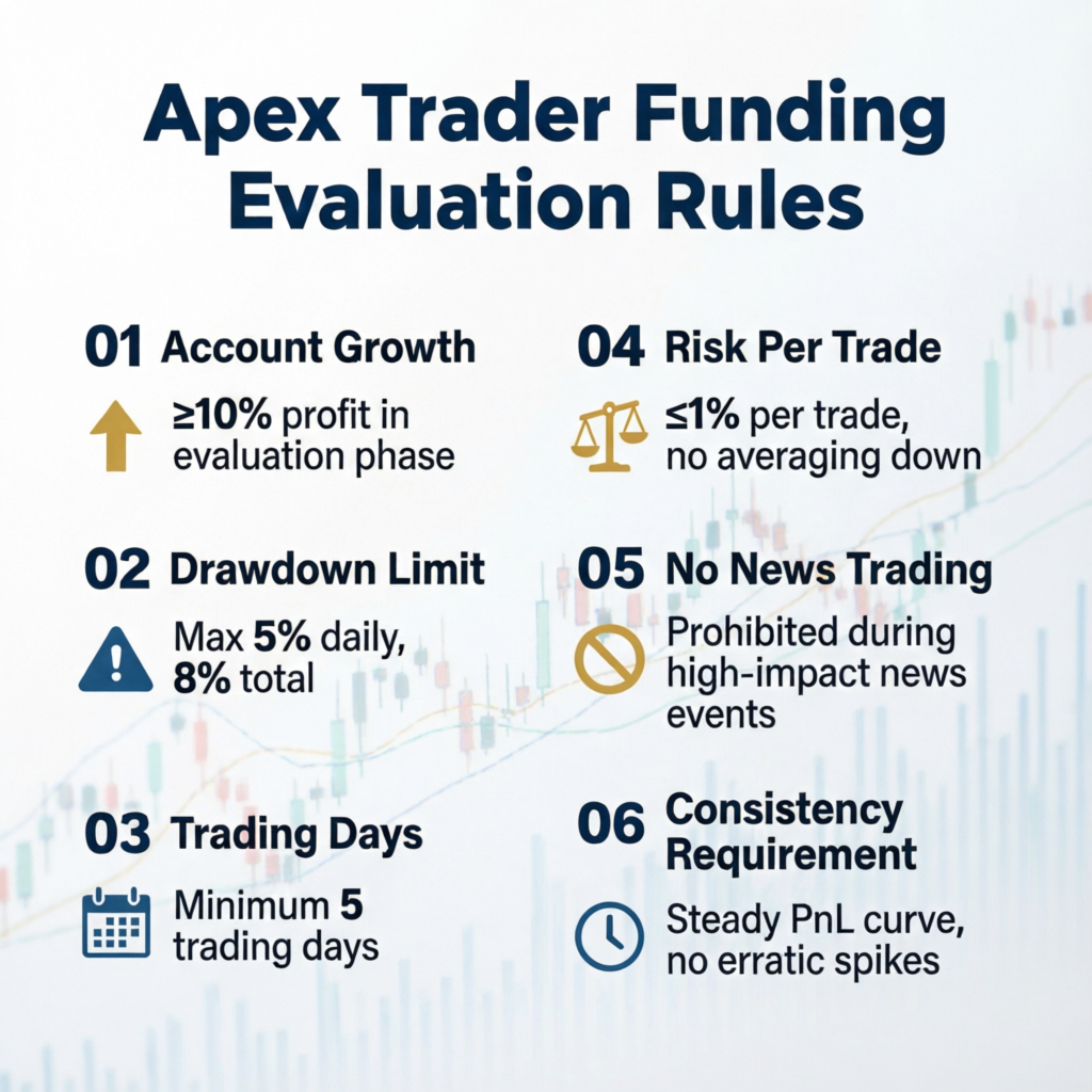 Apex Trader Funding evaluation rules infographic with account growth drawdown limit and consistency requirements