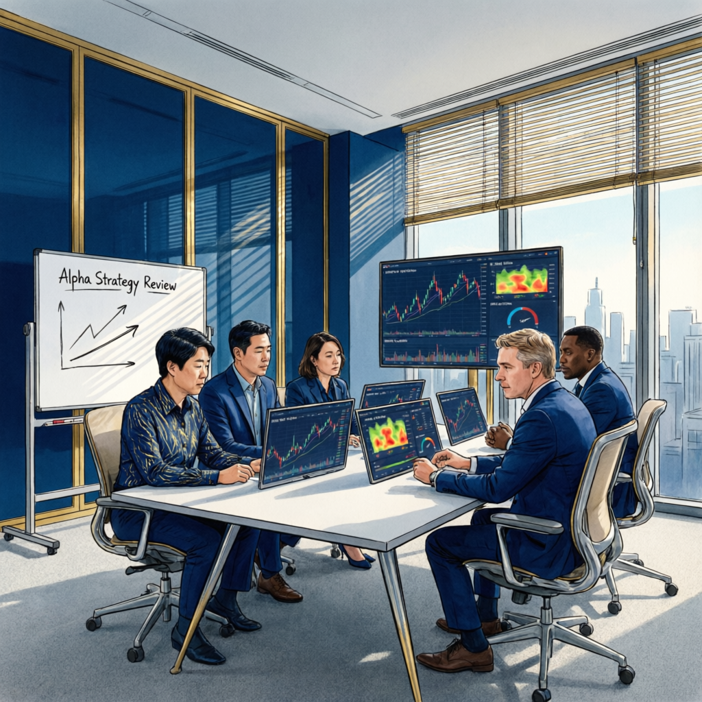 Professional prop firm services team helping traders with strategy review in modern office