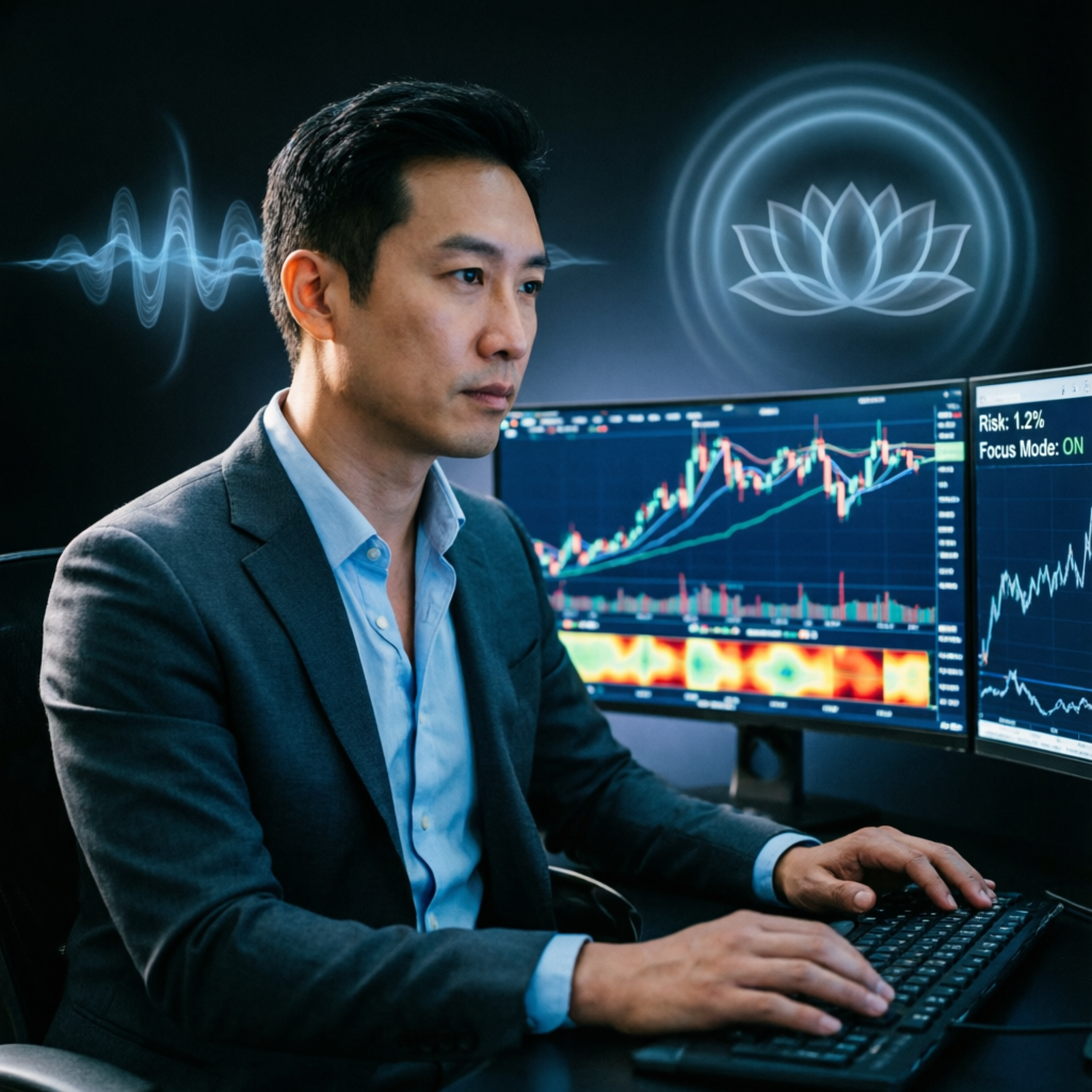 Trading psychology and discipline concept with calm trader analyzing charts