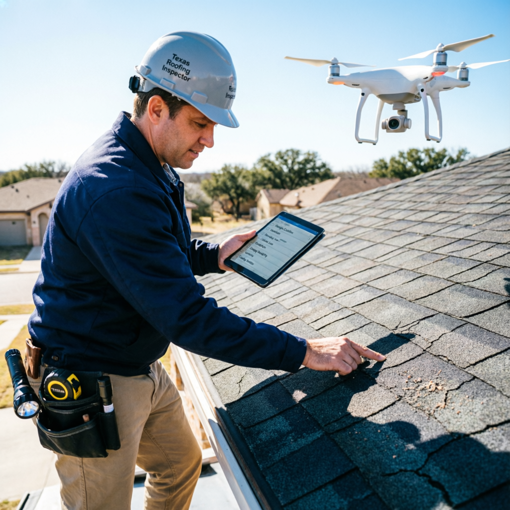 Free roof inspection service Austin Texas - certified inspector using drone and tablet for assessment