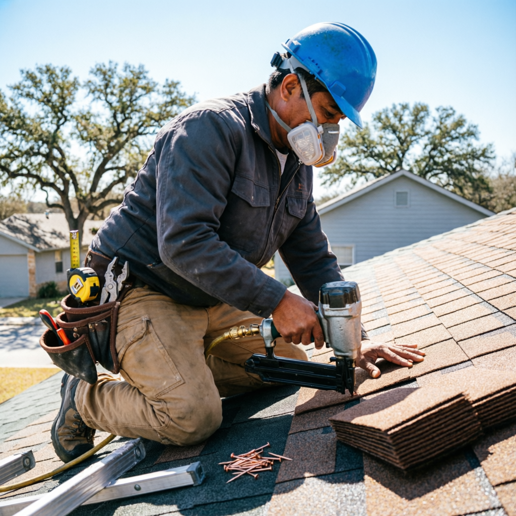 Expert roof repair service Austin Texas - professional roofer fixing damaged shingles