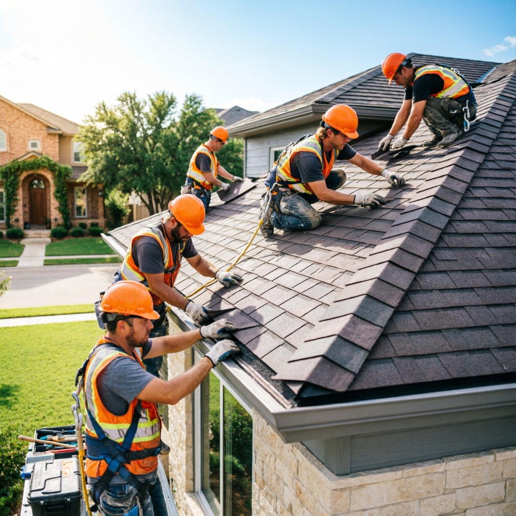 Professional roofing crew installing new roof in Austin Texas