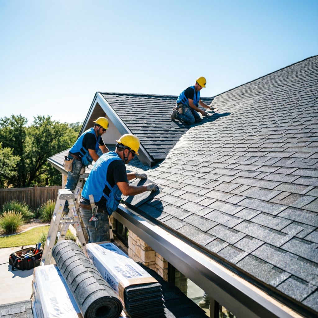Professional roof replacement service in Austin Texas - Oliver Roof crew installing architectural shingles