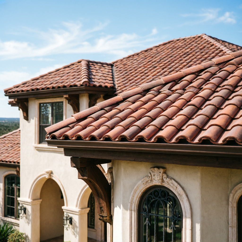 Premium clay tile roof installation on luxury Spanish-style home Austin