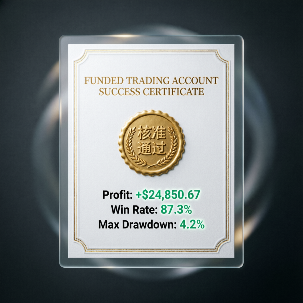 Funded trading account success certificate showing profit metrics