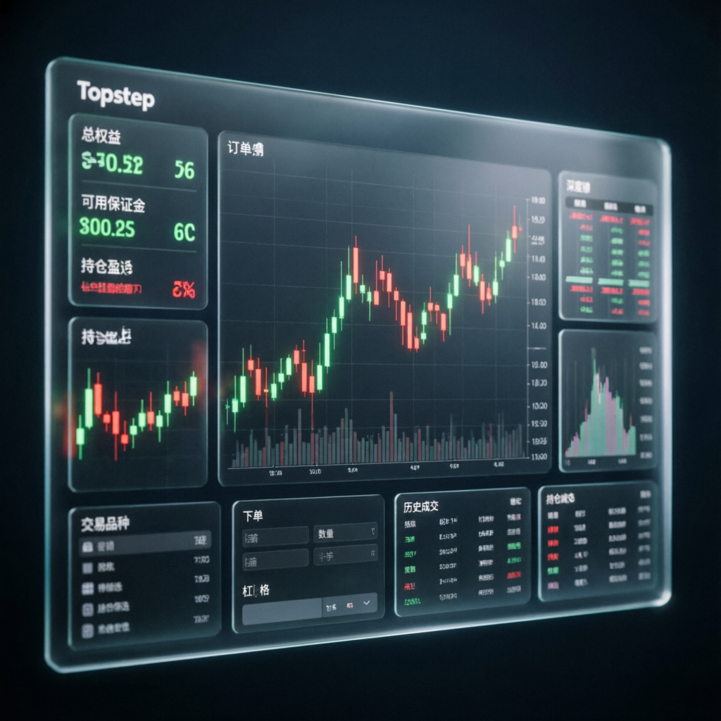 Topstep trading platform dashboard showing futures charts and metrics