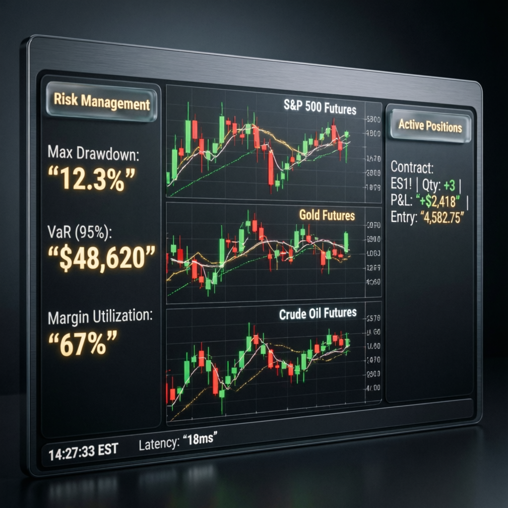 Professional futures trading dashboard showing S&P 500, Gold, and Crude Oil futures charts with risk management metrics - PFM Capitals funded trading platform