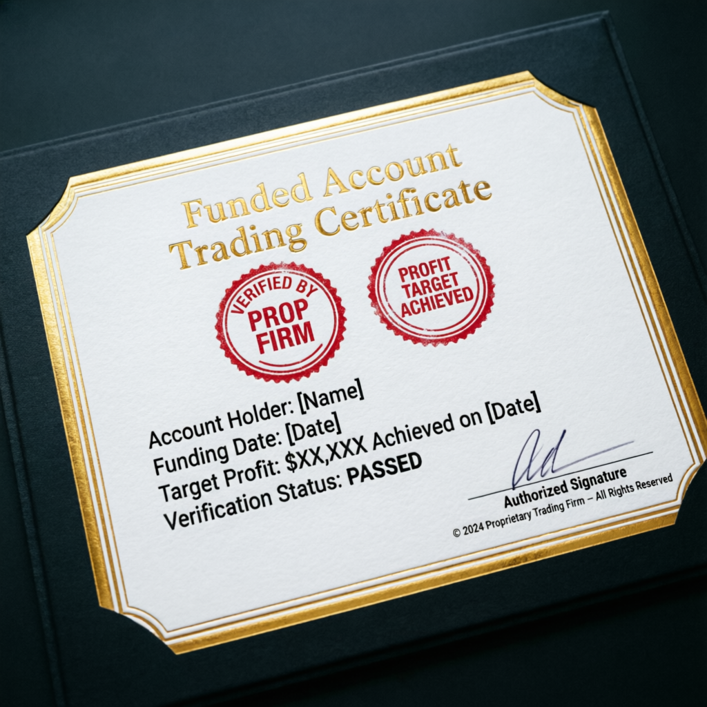 Funded Account Trading Certificate with verified prop firm seal and profit target achieved stamp