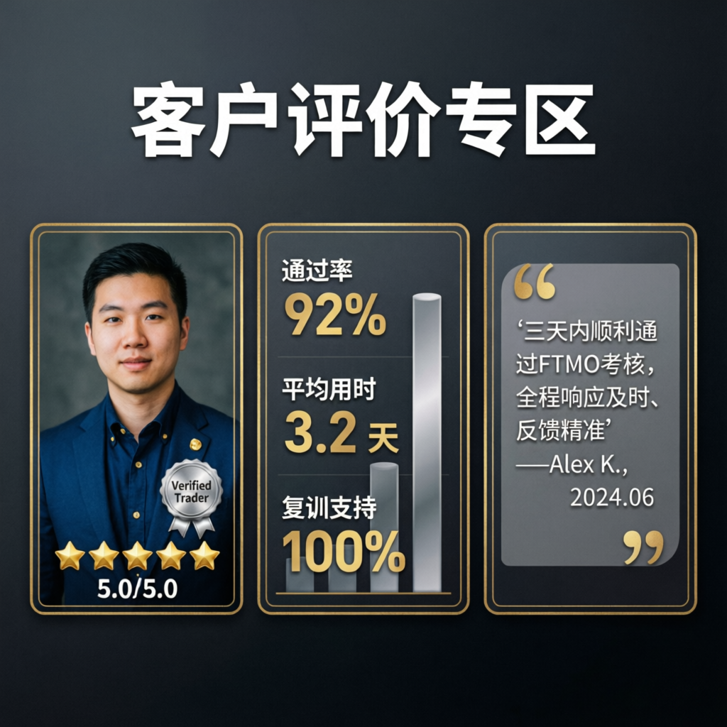 Client review section showing verified trader badge, 92% pass rate, and 5-star rating for PFM Capitals