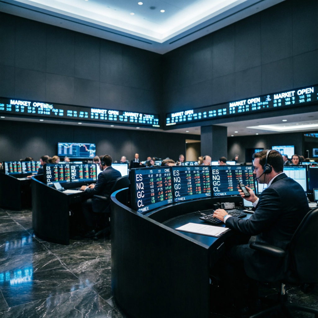 Futures trading floor with ES NQ GC CL contract displays and professional traders