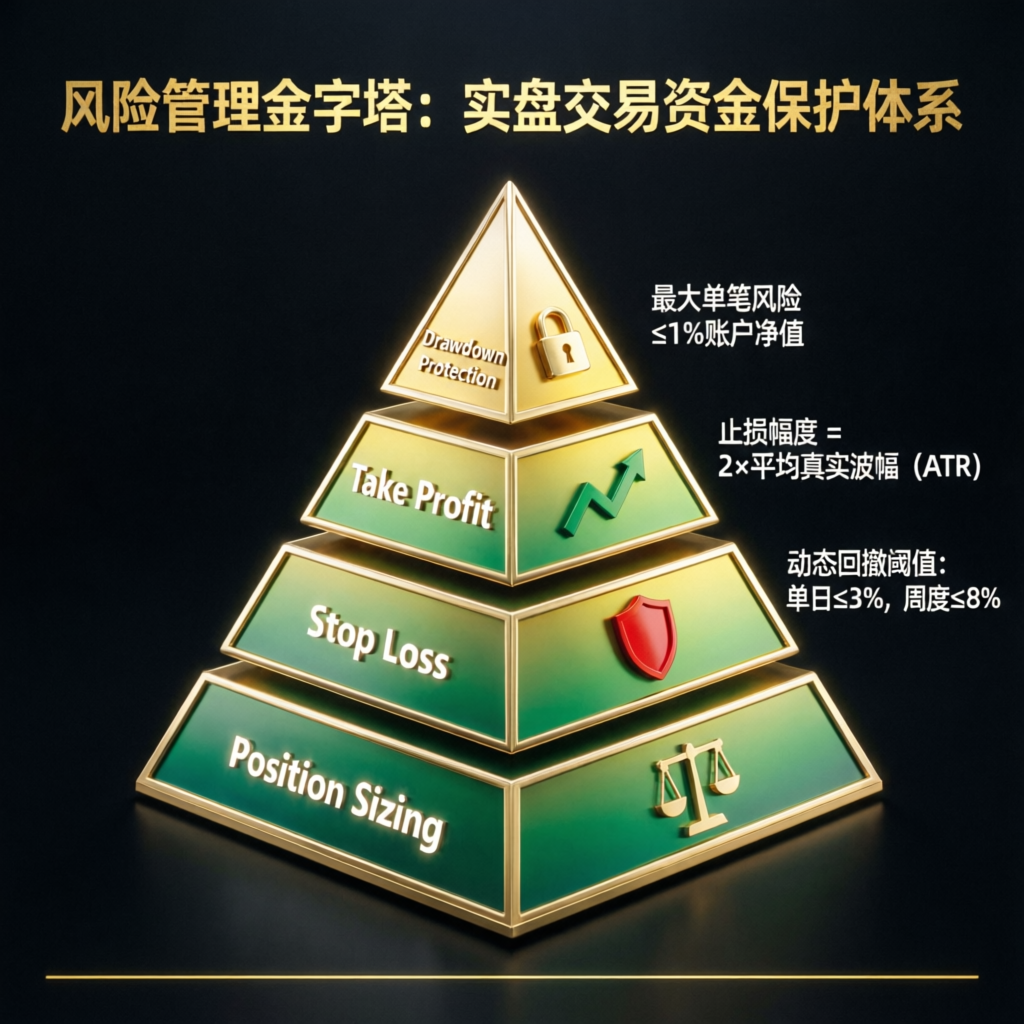Risk management pyramid for funded trading showing position sizing, stop loss, take profit and drawdown protection