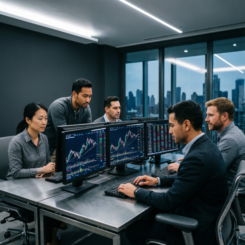 Professional trading team analyzing futures charts at PFM Capitals prop trading office
