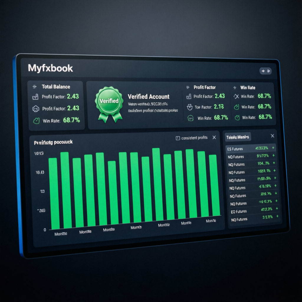 Myfxbook verified trading proof showing consistent profits and verified account badge for futures trading