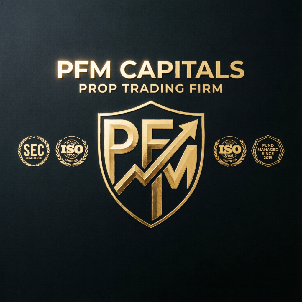 PFM Capitals Prop Trading Firm logo with gold shield emblem and certification badges
