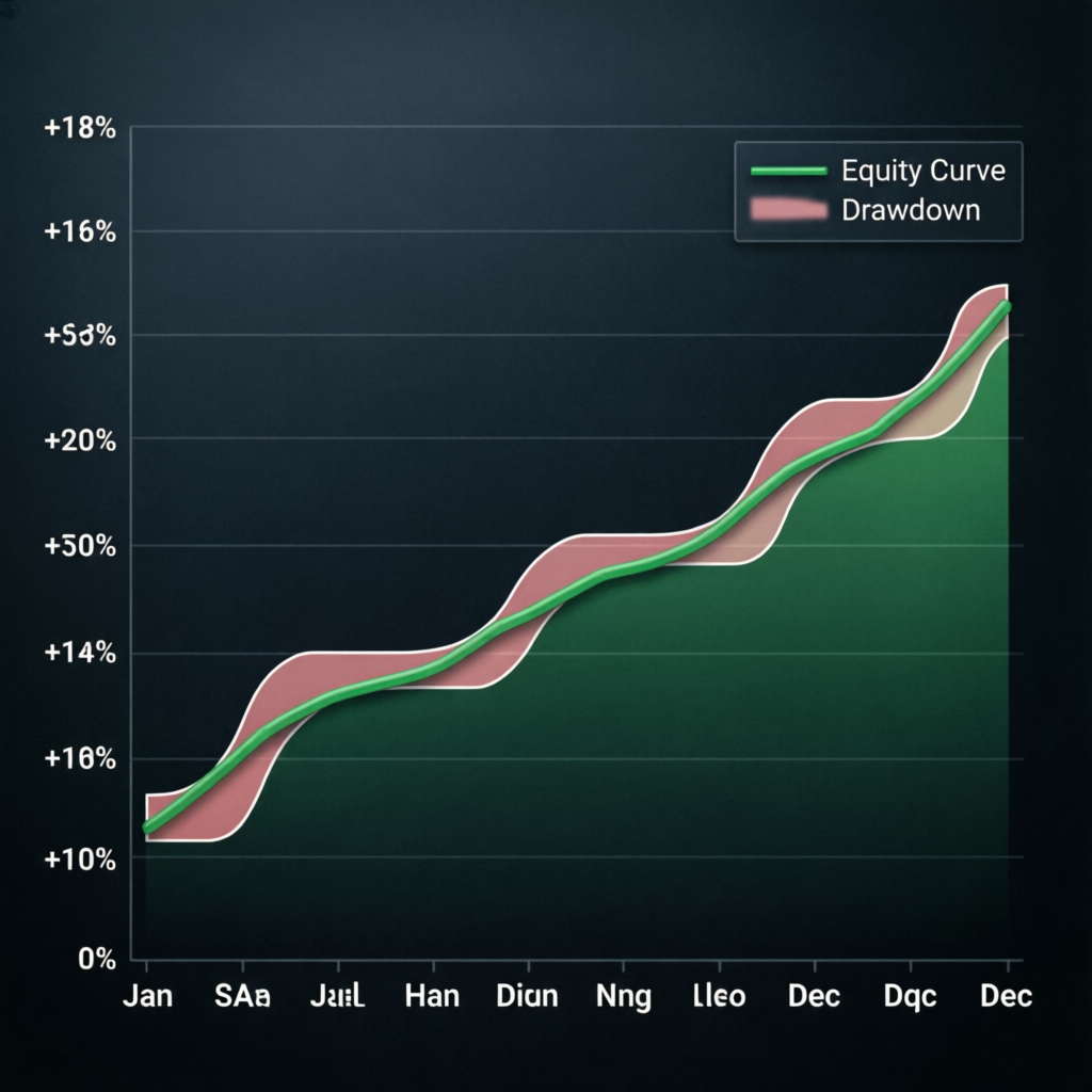 Portfolio performance equity curve showing consistent monthly returns from funded futures trading