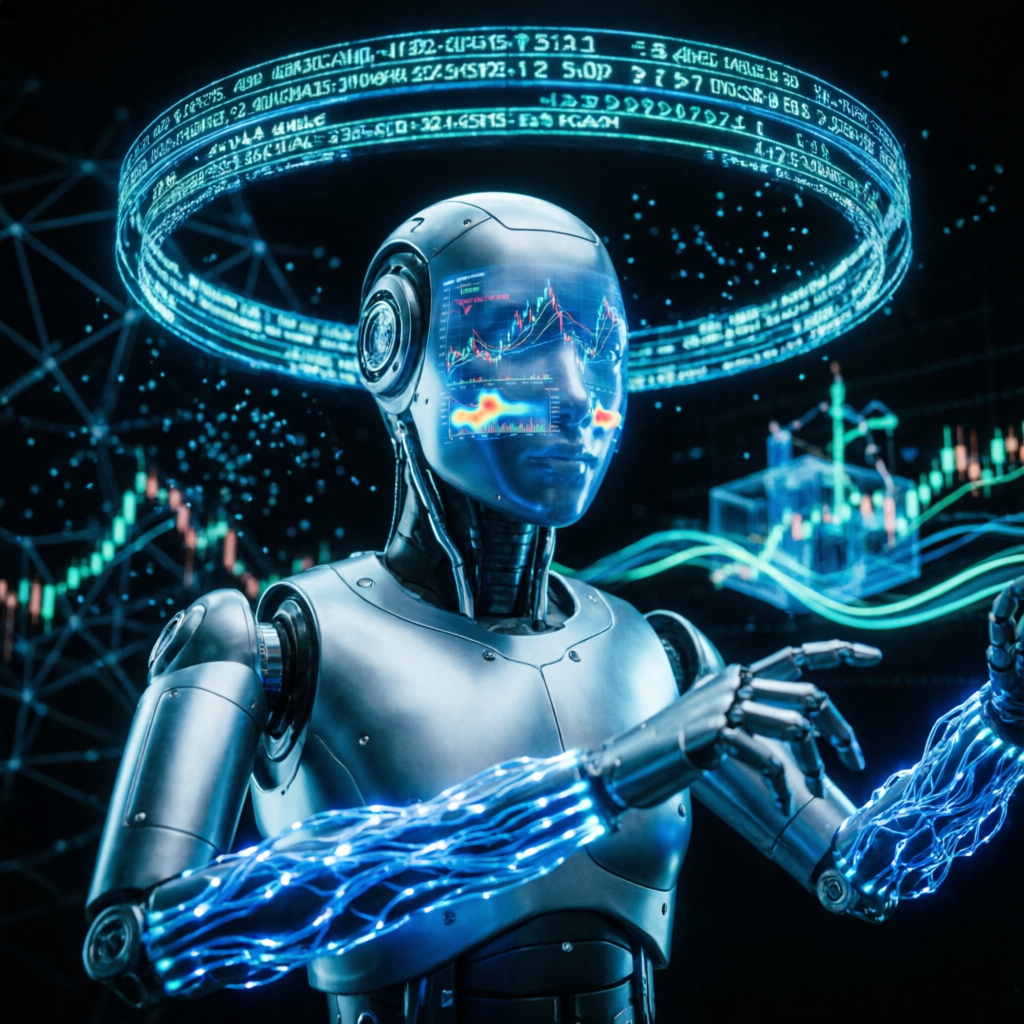 AI robot analyzing Apex Trader Funding charts with neural network