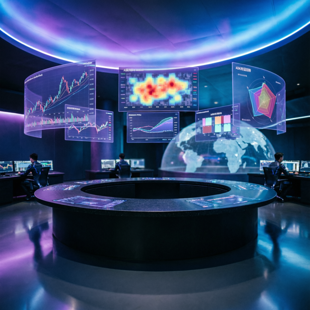Futuristic prop trading command center with holographic screens