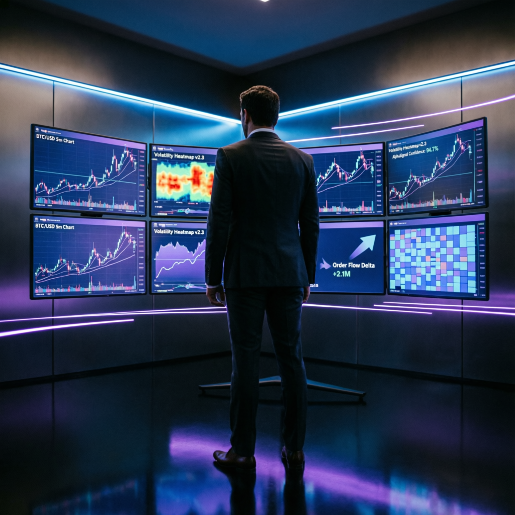 Professional trader analyzing multiple screens with AI analytics