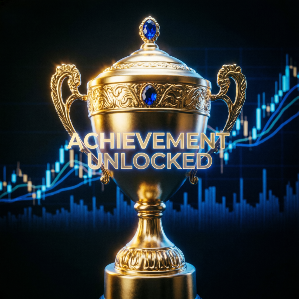Achievement unlocked trophy with trading charts background