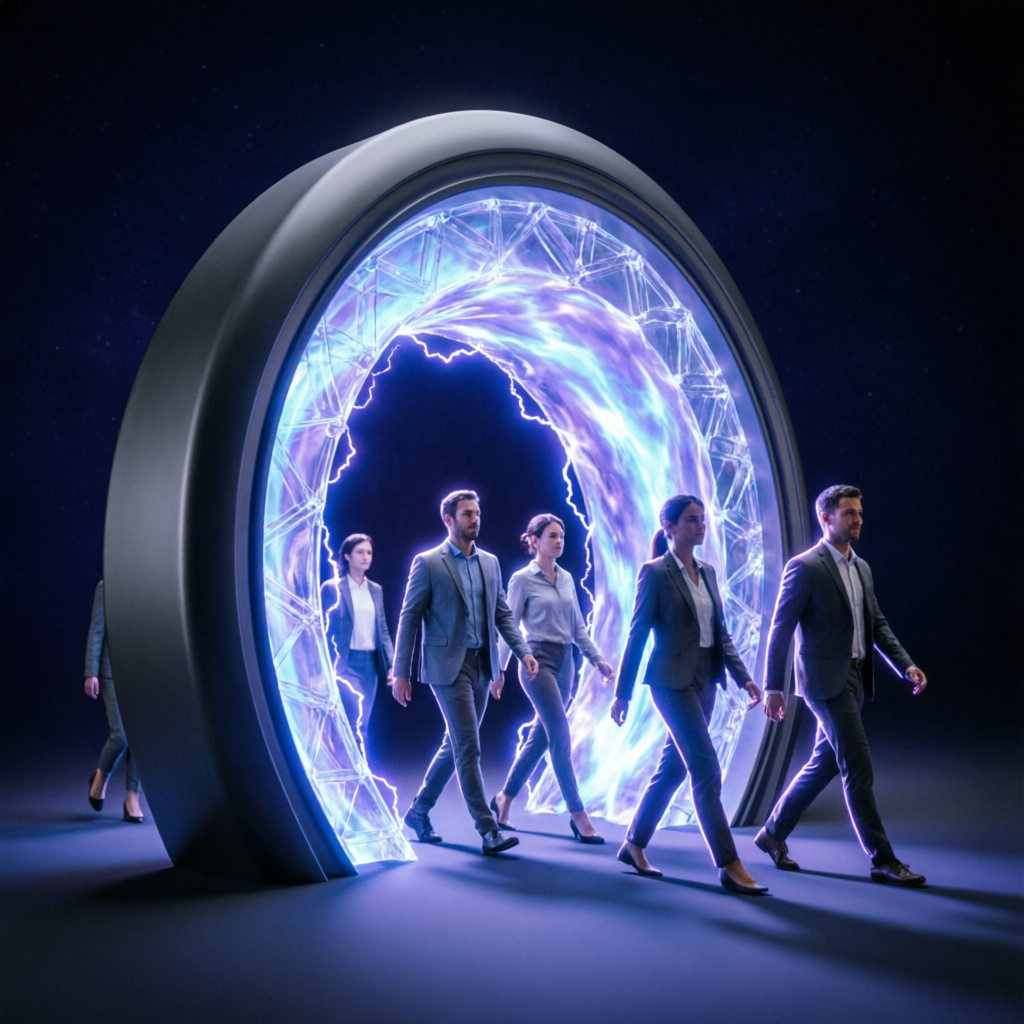 Traders walking through futuristic portal to success