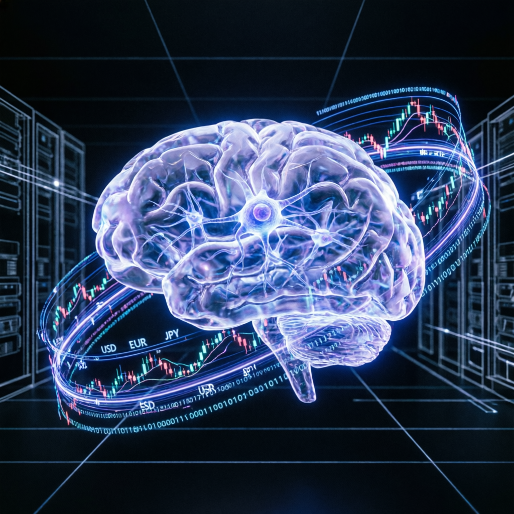 AI brain with forex trading charts and neural network patterns