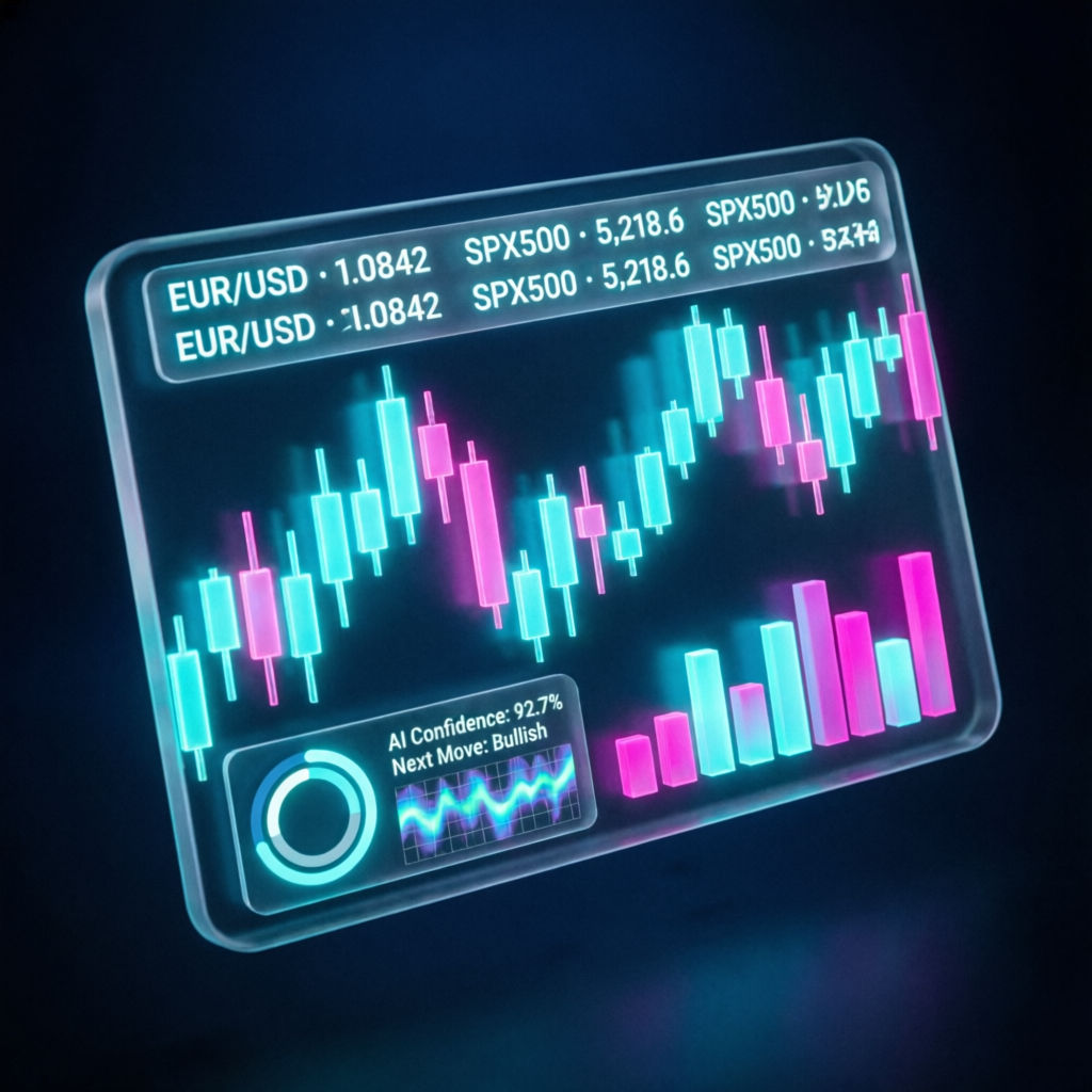 Holographic trading terminal with candlestick charts and AI predictions