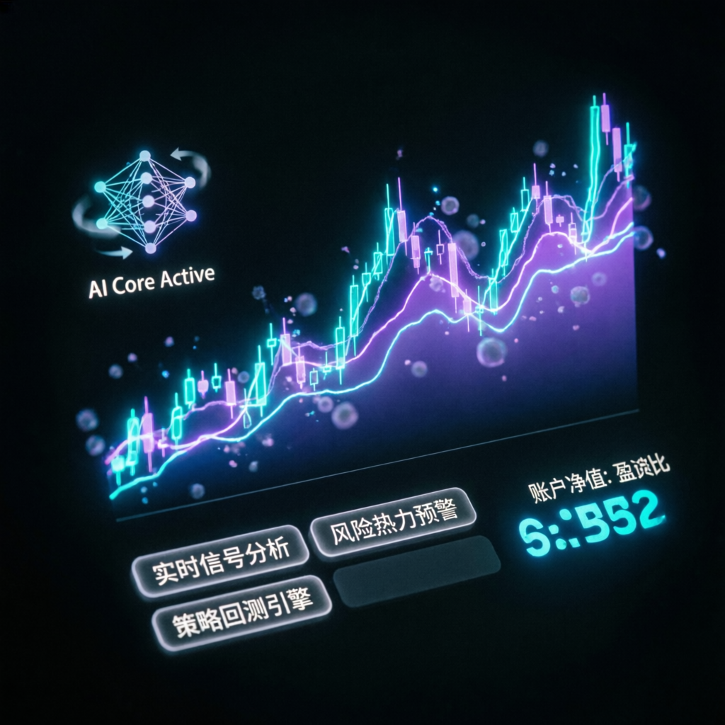 AI-powered trading dashboard with holographic charts and drawdown analysis
